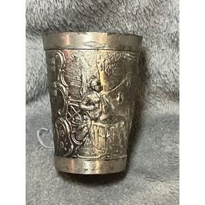 Vintage German Pewter Beaker Relief Scene Inscription Cup Mug 3.5in Barware Art